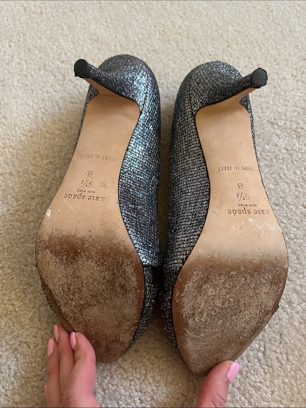 Kate Spade Metallic Silver Peep Toe Heels Pumps Size 9.5 Made in Italy